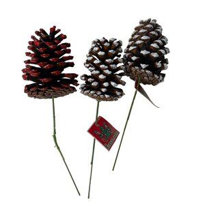 3 Painted Large Pine Cone Picks Red White Green Metal Stakes u Christmas Decor